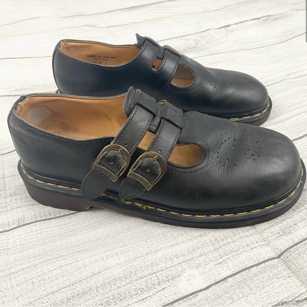 Vintage 90s Dr. Martens Brown-Black Leather Flats with Buckle - Made in England